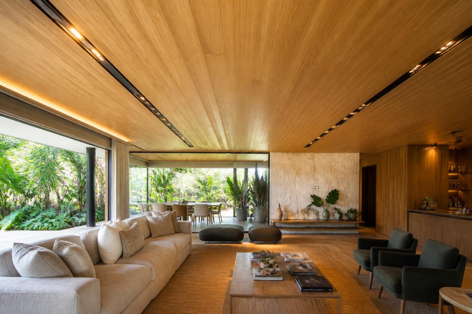 Sala contemporânea com forro PVC amadeirado e iluminação embutida