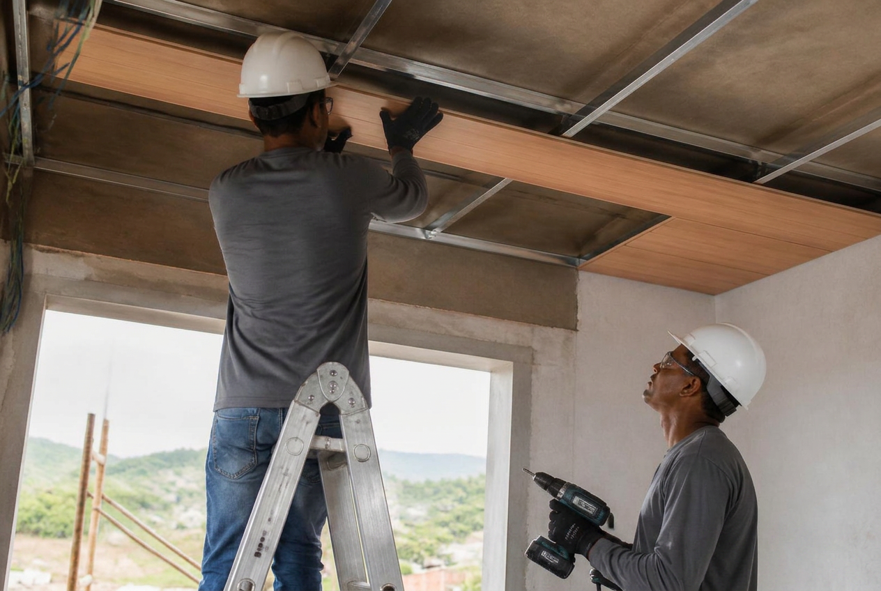 Instaladores da Visão Forros com capacete montando forro PVC amadeirado na estrutura metálica